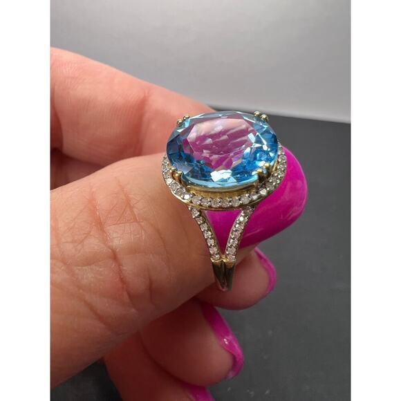 Swiss blue topaz and diamond 10k gold halo ring size 9 - Picture 11 of 11